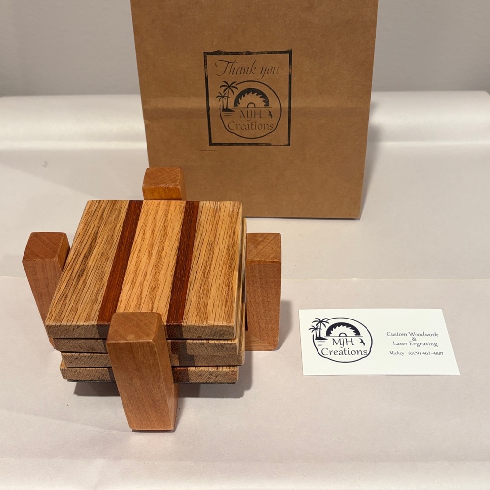 Handmade Set of 4 Wooden Coasters & Handmade Holder - White Oak & Padauk